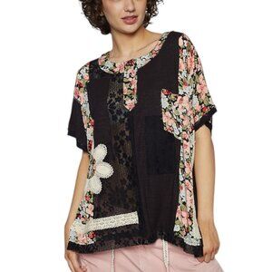 #1394-POL Floral Lace Patchwork Top-BLACK S/M/L NIP POL SHORT SLEEVE PATCH